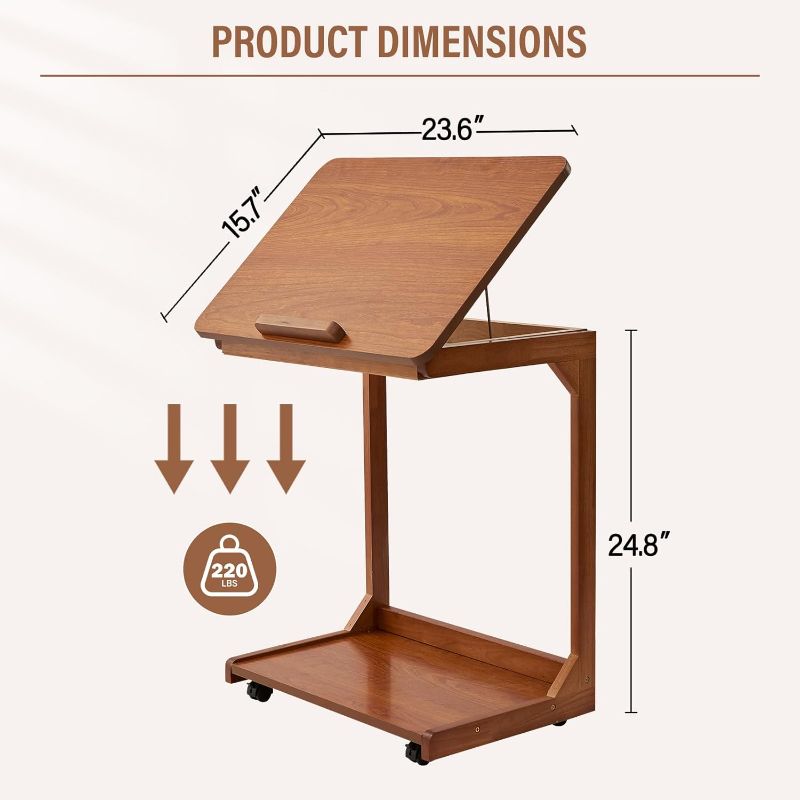 Photo 1 of Uniclinens C-Shaped End Table with Wheels, Solid Wood Adjustable C Side Table for Sofa, Bedside Table with Lockable Casters, Wooden Nightstand for Living Room Bedroom, Teak Tone
