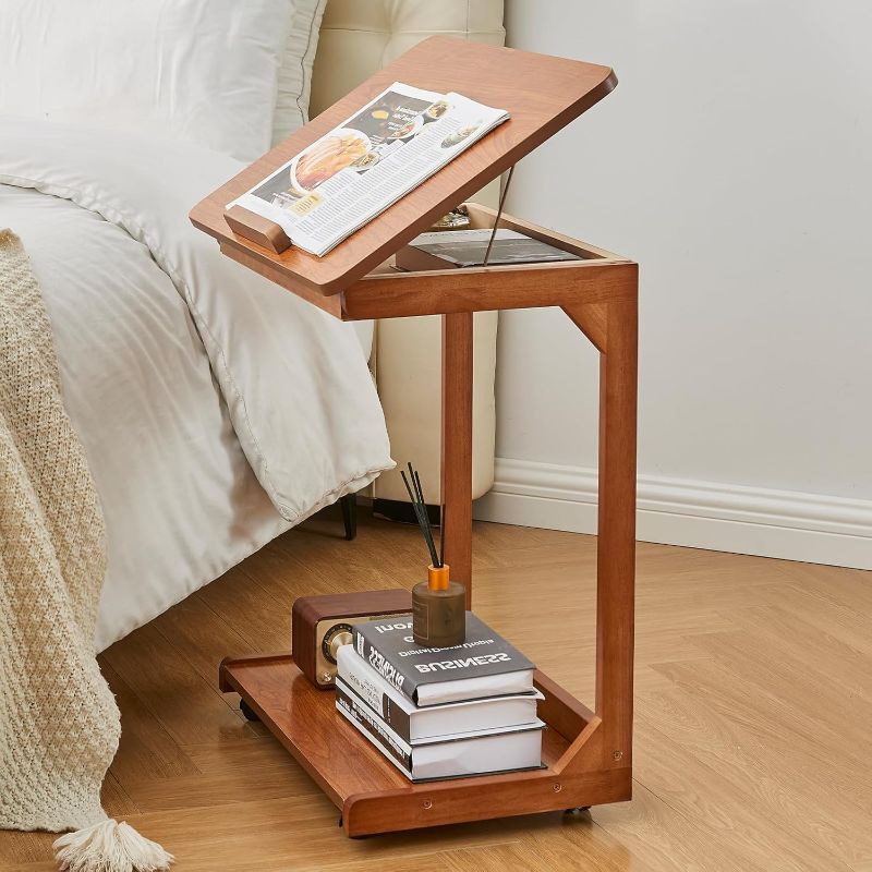 Photo 1 of Uniclinens C-Shaped End Table with Wheels, Solid Wood Adjustable C Side Table for Sofa, Bedside Table with Lockable Casters, Wooden Nightstand for Living Room Bedroom, Teak Tone
