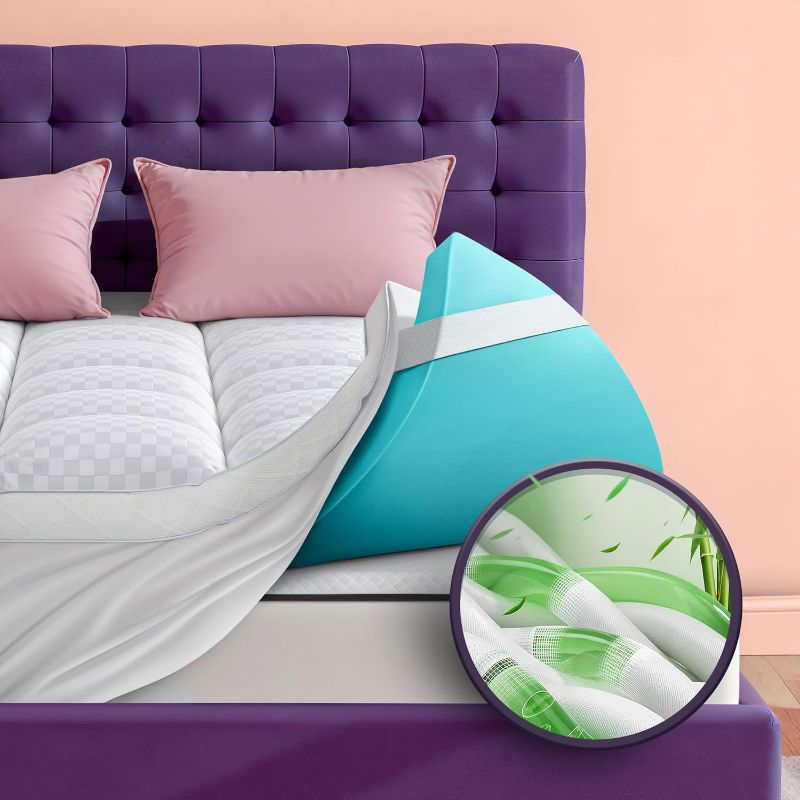Photo 1 of Dual Layer 4 Inch Memory Foam Mattress Topper for Pressure Relief with 4X Support, 2" Pillow Top King Mattress Topper 50% Viscose Made from Bamboo Plus 2" Cooling Gel Memory Foam Comfort Mattress Pad
