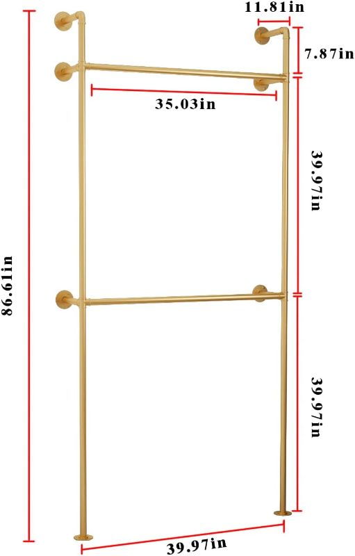 Photo 1 of ORSENIGO Industrial Pipe Clothing Rack, Heavy Duty Metal Clothes Rack with Double Rods for Hanging Clothes, Wall Mount Space-Saving Garment Display Rack (Single, Gold)
