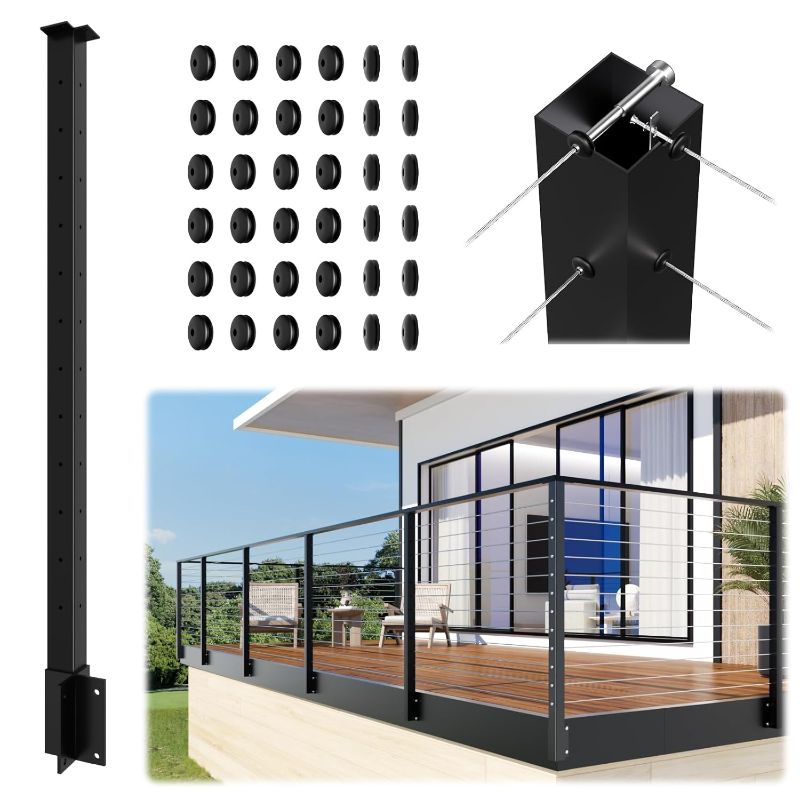Photo 1 of Side Mount Outer Corner Post 42" (Post Body 47.6"), Fixed Top Three Side Drilled Corner Post Cable Railing, Black Stainless Steel 304 Fascia Mount Metal Post with Inner Terminal & Cable Grommet
