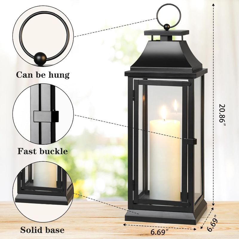 Photo 1 of Black Hurricane Lanterns with Clear Glass Panels - Ideal for Home Decor, Parties & Events - Versatile Tabletop or Hanging Lantern for Indoor & Outdoor Use Medium 20" High

