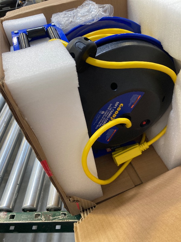 Photo 1 of Goodyear Extension Cord Reel Retractable 12AWG x 50' Feet 3C SJTOW Cable Triple Tap Connector Power Rating 125 Volt AC 13 Amp 1625 Watt Industrial Steel Single Arm
