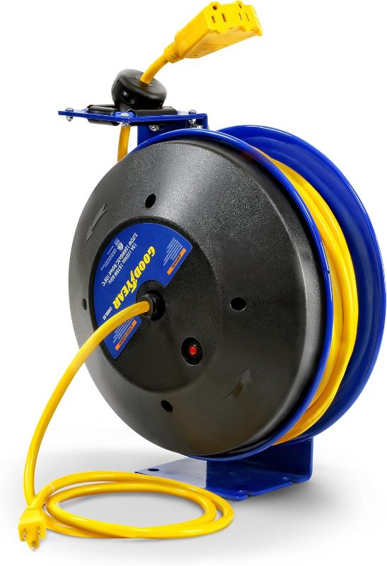Photo 1 of Goodyear Extension Cord Reel Retractable 12AWG x 50' Feet 3C SJTOW Cable Triple Tap Connector Power Rating 125 Volt AC 13 Amp 1625 Watt Industrial Steel Single Arm
