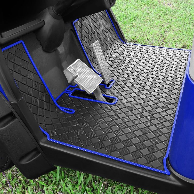 Photo 1 of Golf Cart Floor Liner Mat 8mm Thick Rubber Full Coverage Only Fit for 2007-2016 Yamaha Drive (Gen1), G29, YDR, Adventurer Carts Diamond Deluxe Non-Slip Front Feet Mat Replacement - Blue Trim
