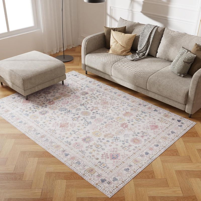 Photo 1 of 5' x 7' Durable Vinyl Rugs for Living Room, Vintage Floral Pattern for Dining Room, Bedroom, Home Office, Bobo Beige Non-Slip Large Rugs for Indoor&Outdoor RV, Deck, Backyard, Balcony,Home Decor
