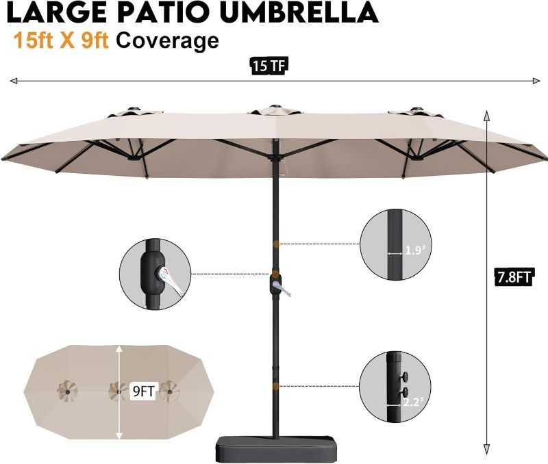 Photo 1 of 15ft Patio Umbrella with Base,Large Outdoor Double-Sided Rectangle Umbrella with Crank Handle, Market Umbrella for Poolside Garden Deck Backyard Beach Pools, Beige
