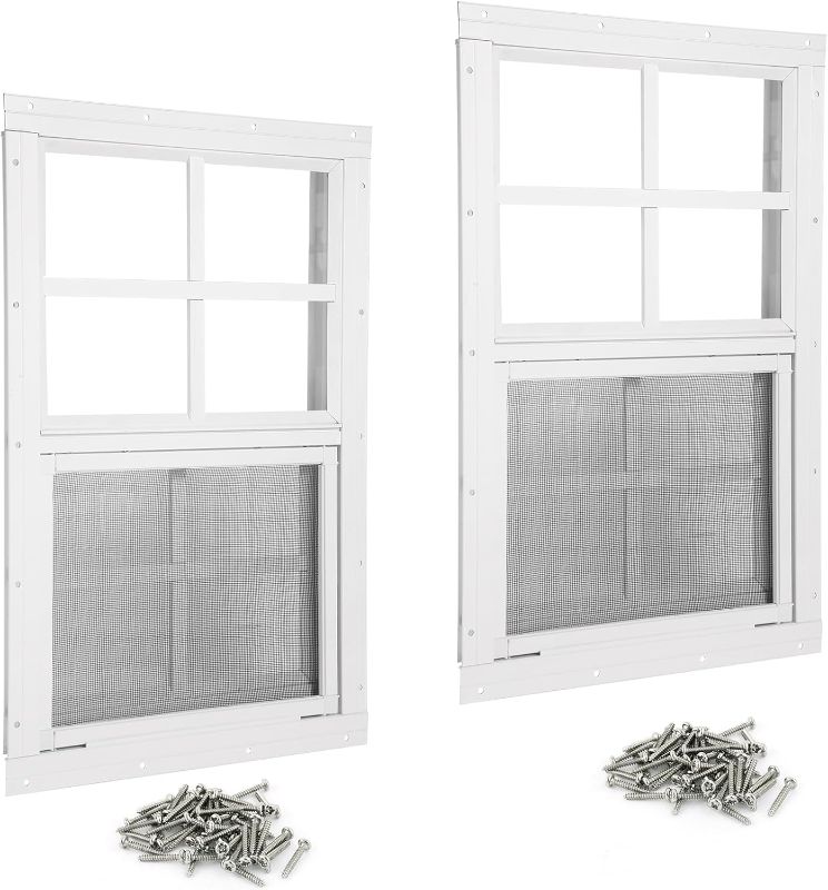 Photo 1 of Shed Windows 2 Pack 14" W x 21" H Flush Mount White Window with Tempered Glass and Fiberglass Screen,Sliding Windows with Vertical Slider and Screws for Sheds,Chicken Coop, Playhouse Garbage Room etc
