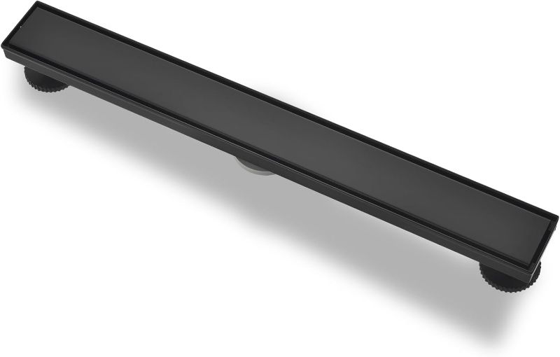 Photo 1 of Linear Shower Drain with Tile Insert Panels, 24 Inch Black 304 Stainless Steel Rectangle Shower Floor Drain, with Hair Catcher, Adjustable Feet, Fits Bathroom, Balcony
