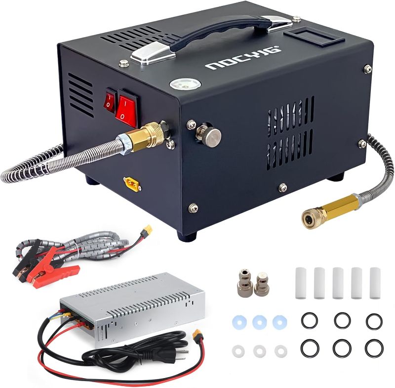 Photo 1 of Pcp air compressor 4500PSI Portable PCP Compressor, 12V DC/110V AC PCP Airgun Compressor Manual-stop, w/External Power Adapter, Built-in Fan, Suitable for Paintball, Air Rifle, Scuba Bottle
