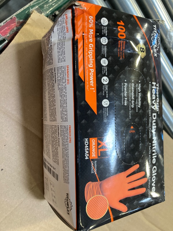 Photo 1 of TitanFlex ThorGrip Heavy Duty Industrial Orange Nitrile Gloves, 8-mil, Gloves Disposable Latex Free with Raised Diamond Texture Grip, Powder Free, Rubber Gloves, Mechanic Gloves,100-ct Box (XL)