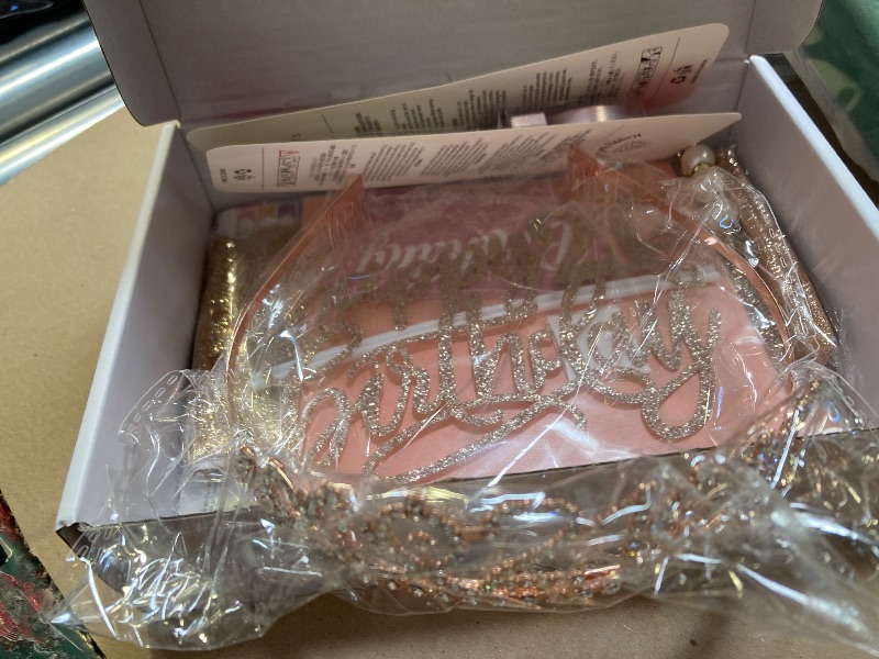 Photo 1 of 21st Birthday Gifts Decorations for Her, Including 21st Cake Toppers, Birthday Queen Sash with Pearl Pin, Sweet Rhinestone Tiara Crown, Number Candles and Balloons Set, Rose Gold