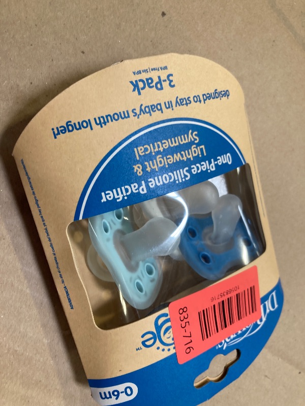 Photo 1 of Dr. Brown's Advantage One-Piece Silicone Baby Pacifier, Fully Symmetrical Soother, Blue/Light Blue/Gray, 0-6m, BPA Free, 3 Pack