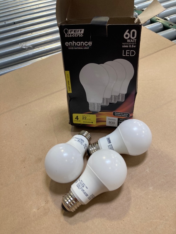 Photo 1 of 3pcs only ----Feit Electric A19 LED Light Bulb, 60W Equivalent, Dimmable, 800 Lumens, E26 Medium Base, 3000K Bright White, CRI 90, 25,000 Hour Lifetime, UL Listed, Damp Rated, OM60DM/930CA 