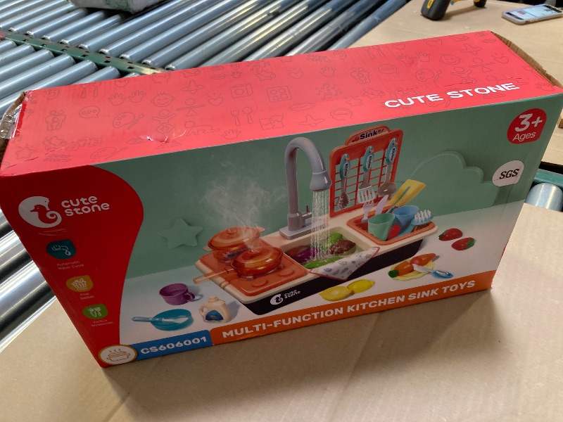 Photo 1 of CUTE STONE Pretend Play Kitchen Sink Toys with Play Cooking Stove, Pot and Pan with Spray Realistic Light and Sound, Dish Rack & Play Cutting Food, Utensils Tableware Accessories for Kids Toddlers