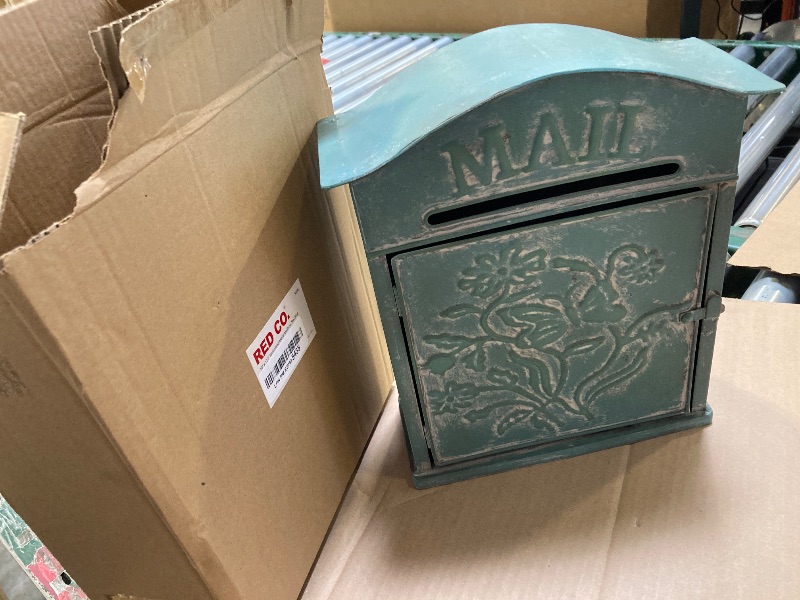 Photo 1 of Red Co. 10” x 12.5” Farmhouse Mail Embossed Tin Metal Wall Mount Mailbox, Country Rustic Décor, Distressed Teal Blue