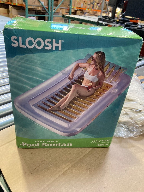 Photo 1 of SLOOSH Inflatable Tanning Pool Lounger Float, 70" x 46" Pool Floats Adult with Pillow, 4 in 1 Suntan Tub Raft Floatie,Sunbathing Bed Lounge for Water Blow Up Kids Ball Pit Party Gifts, L-Golden White