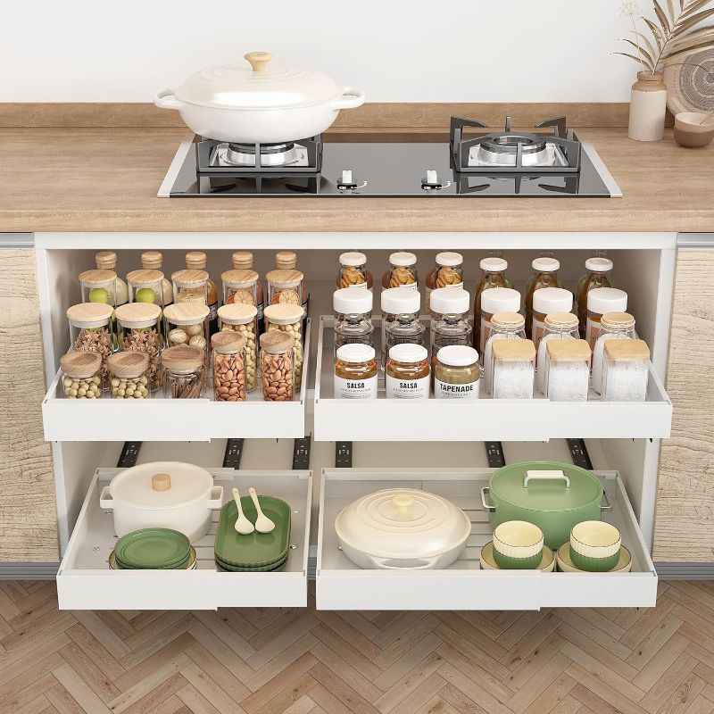 Photo 1 of Expandable Pull Out Cabinet Organizer 13"-20.8", Upgraded 3 Sliding Rails Pull Out Drawers for Cabinets 21" Deep, Cabinet Pull Out Shelves with Nano Film Adhesive for Kitchen, Pantry or Bathroom
