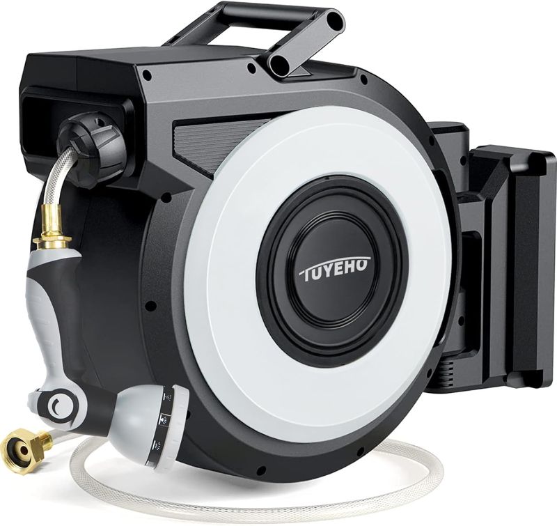 Photo 1 of Tuyeho Retractable Garden Hose Reel 100FT, Wall Mount Heavy Duty Water Hose Reels with Automatic Slow Rewind System, Outdoor Hoses Reel with 2 Hose Nozzles for Garden Watering, Car Wash, Pet Shower
