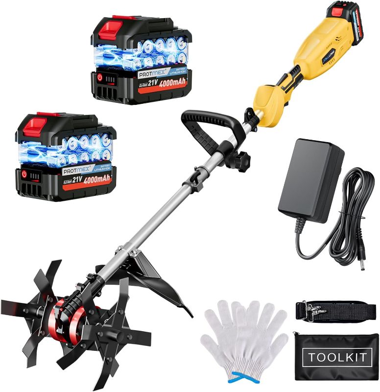 Photo 1 of Cordless Tiller Cultivator, 21V 450RPM Electric Tiller with Battery Level Display, 2 * 4.0Ah Batteries & Charger, Tiller for Gardening, Lawn, Soil (Cultivation Width 10"/ Depth 9")
