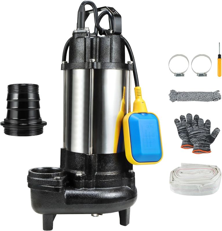 Photo 1 of Sewage Grinder Pump, 1HP Submersible Sump Pump, 110V 6400GPH Cast Iron Effluent Pumps with Automatic Float Switch, 2'' NPT Discharge for Basement, Residential Sewage, Sump Basin

