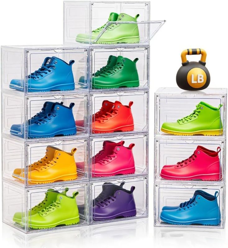 Photo 1 of 12 Pack Clear Shoe Boxes Stackable,Large Shoe Storage Organizer with Magnetic Door,Drop Side Shoe Containers for Entryway,Sneaker Storage Fit up to US Size 12 for Men/Women
