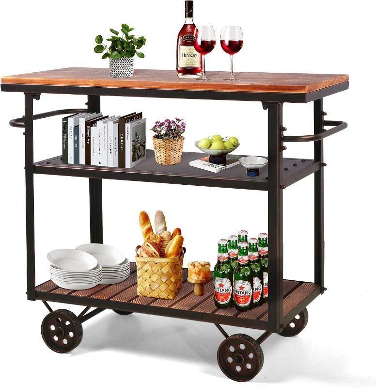 Photo 1 of Farmhouse Mobile Cart with Wheels for Home Kitchen Industrial Rolling Food Cart Outdoor Vintage Wood and Metal Design Utility Cart in Office Coffee House 3 Tier with 2 Side Handle
