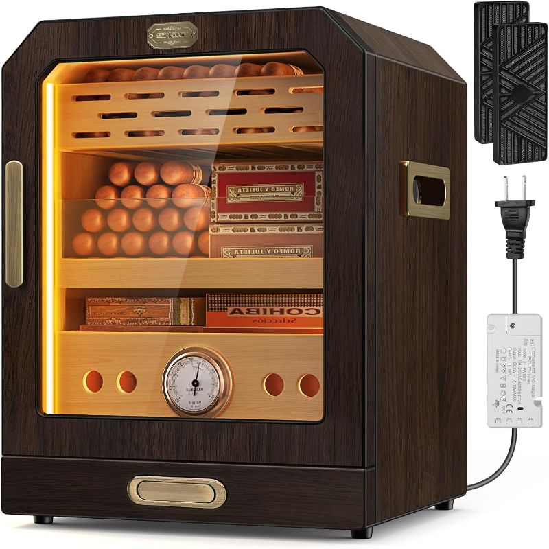 Photo 1 of Cigar Humidor, Lighted Control Magnetic Door Desktop Cigar Humidor Cabinet,with Cigar Accessory Drawer and 2 humidifiers 3 Layer Large Capacity Humidor,Hold 100-150 Cigars (Brown)

