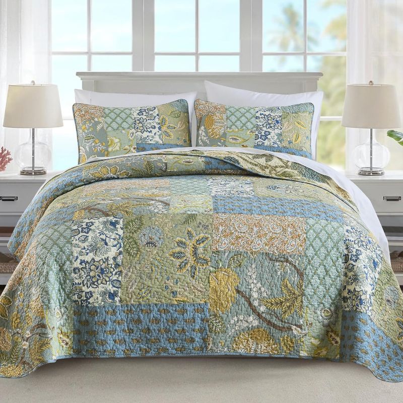 Photo 1 of NEWLAKE Quilt Set California King Size 100% Cotton Patchwork Green Bohemian with 2 Pillowcases
