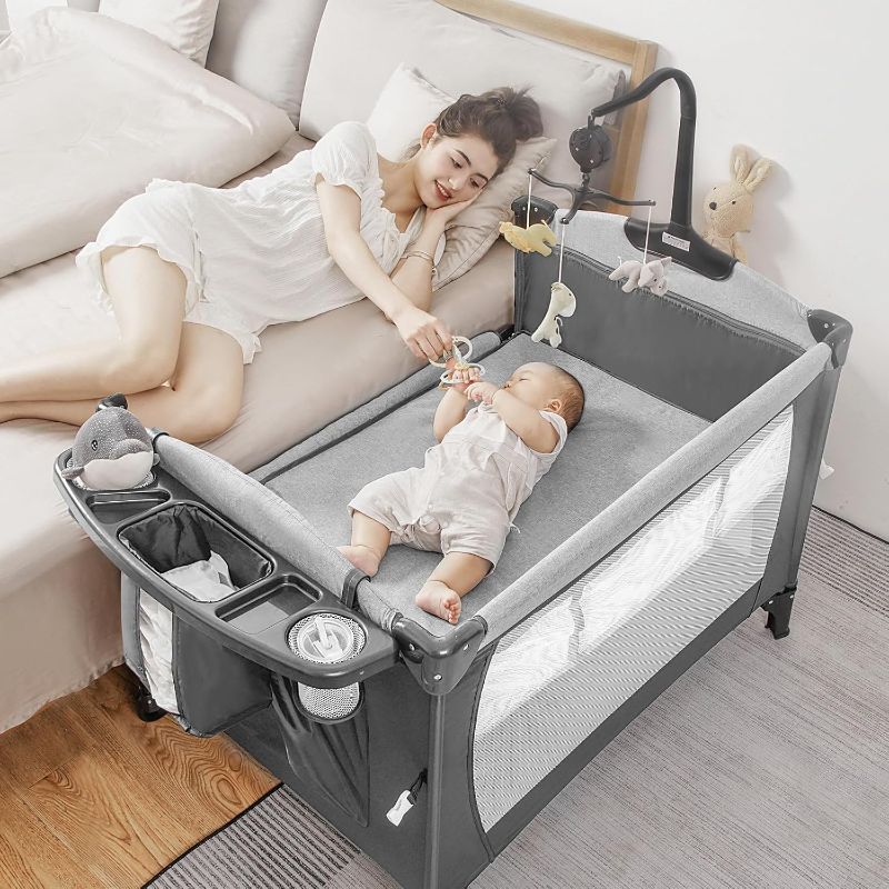 Photo 1 of 5-in-1 Pack and Play, Baby Bassinet Bedside Sleeper with U-Shaped Diaper Changer, Portable Toddler Playard for Newborn Toddlers, Baby Crib with 4 Adjustable Height, Carry Bag,Easy to Install (Grey)
