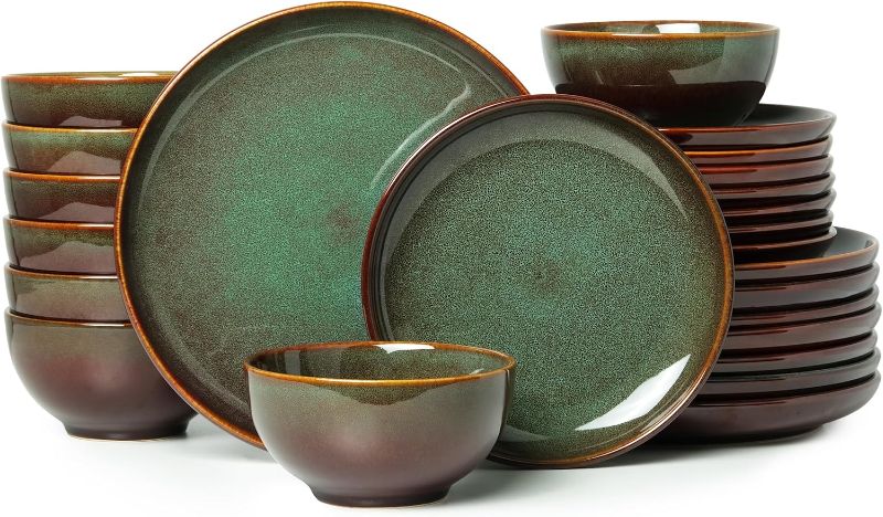 Photo 1 of 24 Piece Dinnerware Sets for 8, Modern Stoneware Plates and Bowls Setst, Perfect for Family Gatherings & Holiday Celebrations, Easy Cleaning Dishes Set, Stack Compactly Dishware, Brown Green
