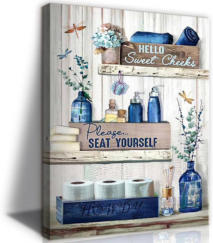 Photo 1 of BJVJKSU Navy Blue Bathroom Decor Wall Art Rustic Blue Bathroom Canvas Wall Decor Please Seat Yourself Sign Print Painting Vintage Aesthetic Picture Artwork Decor(16x24in)
