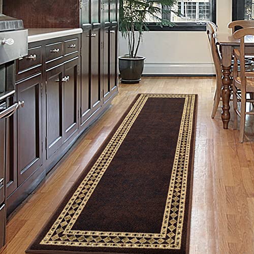 Photo 1 of Antep Rugs Alfombras Modern Bordered 2x7 Non-Skid (Non-Slip) Low Profile Pile Rubber Backing Indoor Area Runner Rugs (Brown Beige, 2' X 7')
