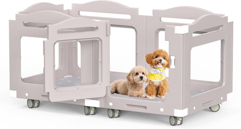 Photo 1 of Acrylic Dog Playpen, Indoor Whelping Box with Pet Stroller, Puppy Playpen for Small Medium Pets, Cat Rabbit & Puppies, 6-Panel with Bottom Panel, 8 Wheels, Safe, Sturdy, Apricot Gray
