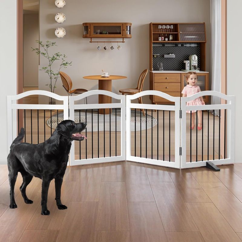 Photo 1 of Foldable Freestanding Indoor Dog Gate for Doorways Wooden White Pet Gate for The House Dog Fence with Support Feet Included for Stairs, Hallways, 24" Height,4 Panels

