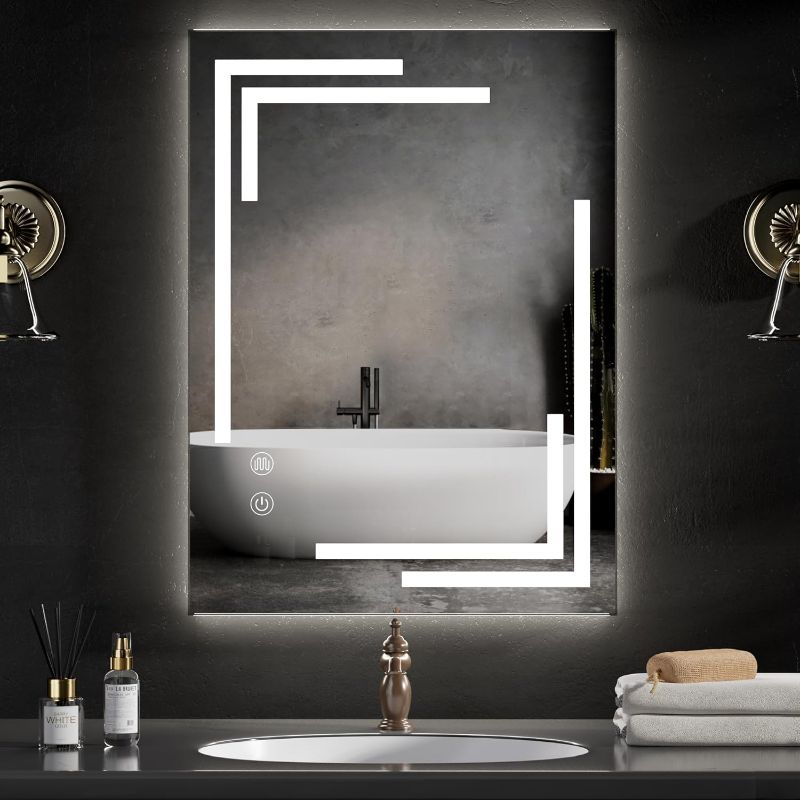 Photo 1 of 24"x32" LED Bathroom Mirror with Lights, Unique Front Light for Bathroom Wall, Memory, 3 Colors Adjustable, Stepless Dimmable Ligh, Led Vanity Mirror for Bathroom, Anti-Fog, Tempered Glass
