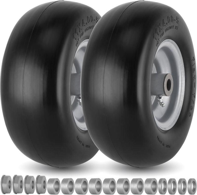 Photo 1 of 11x4.00-5 Lawn Mower Tires Flat Free for Zero Turn Lawn Mowers Front Tires, 11x4-5 Solid Smooth Tread Tire With 3/4" or 5/8" Bushing, 3.4"-4"-4.5-5" Centered Hub, Universal Adapter Kit
