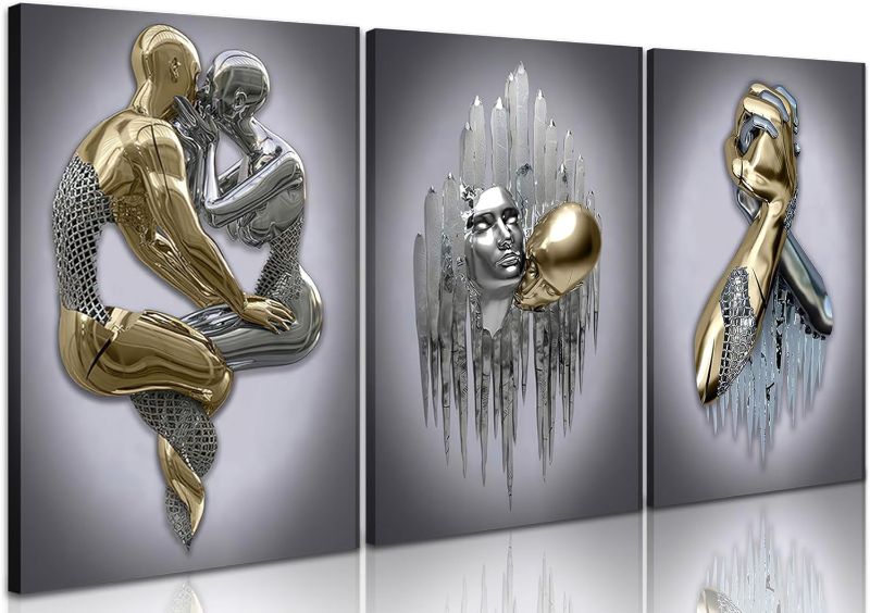 Photo 1 of Modern Bedroom Wall Art Set of 3-3D Metal Effect Couple Canvas Paintings Wall Decor, Abstract Figure Statue Art Prints for Living Room Home Decor - 16x24in Framed
