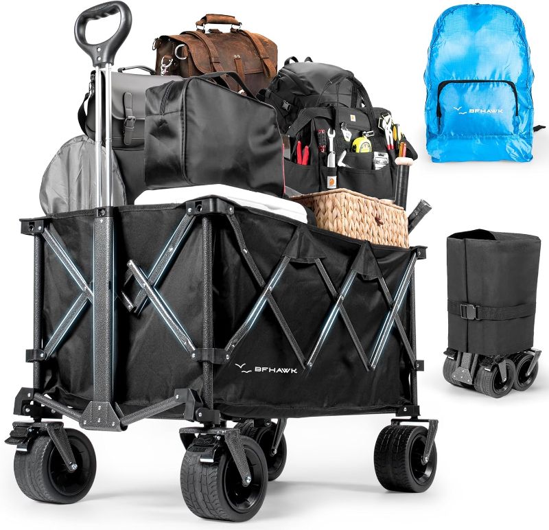 Photo 1 of 36" Collapsible Wagon Cart with Big All-Terrain Beach Wheels, Foldable Heavy Duty Wagons, Utility Carts for Camping, Garden, Outdoor, Grocery, Sports, Free Packable Backpack Included
