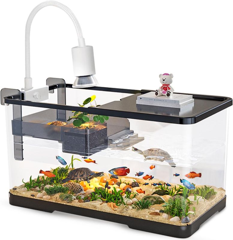 Photo 1 of (Tank + Light + Filter + Filter Balls) Turtle Tank Kit, Turtle Tank Starter Kit,Bottom Drainage, Multi-Function Areas for Turtles, Crabs,Fishes, Amphibians,Reptiles. (15.75 x 8.64 x 8.64 Inch)

