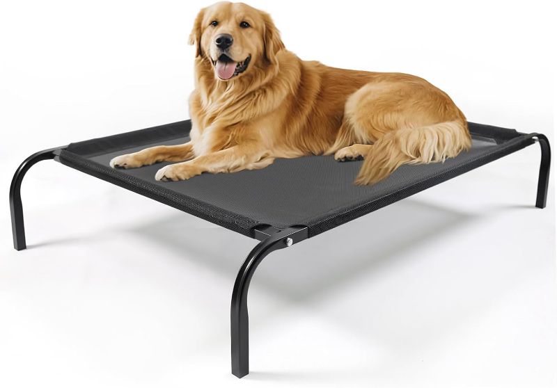 Photo 1 of Elevated Dog Bed, X-Large Portable Indoor & Outdoor Cooling Raised Bed, Washable Breathable Mesh Dog Hammock Bed, with Skid-Resistant Feet, Frame with Breathable Mesh, (Black)
