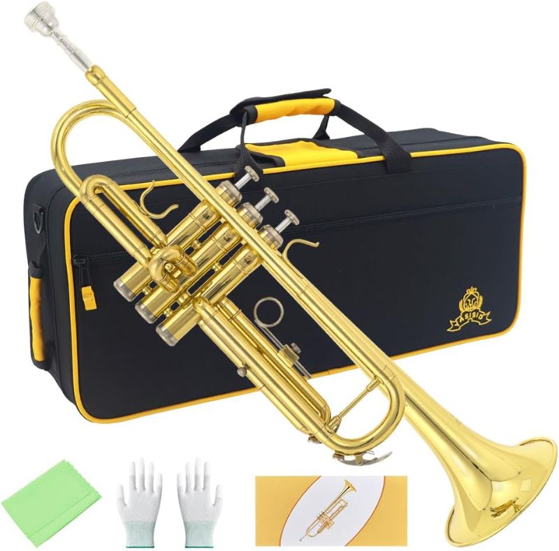 Photo 1 of Trumpet Instrument,Band & Orchestra Musical Instruments for Beginners or Advanced Students,With trumpets case,Mouthpiece,Cloth and Gloves (Golden)
