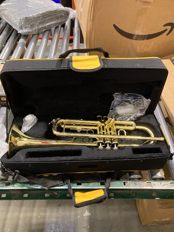Photo 1 of Trumpet Instrument,Band & Orchestra Musical Instruments for Beginners or Advanced Students,With trumpets case,Mouthpiece,Cloth and Gloves (Golden)
