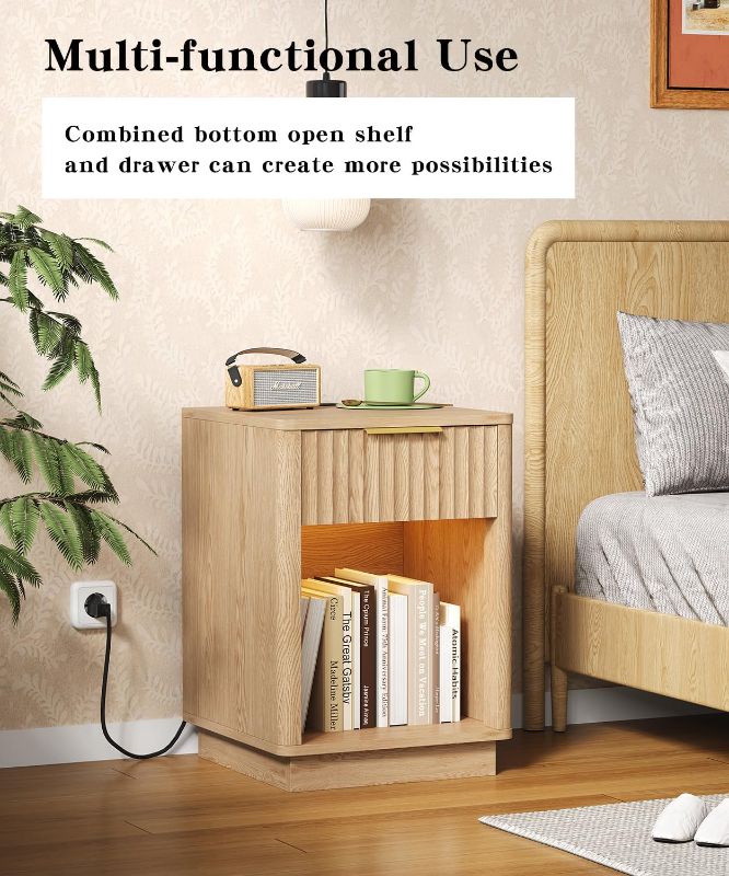Photo 1 of Fluted Nightstands Wooden Night Stand with Charging Station and LED Light, Modern Mid Century End Table with Drawer, 15" D x 15.7" W x 22.6" H, for Bedroom, Natural Oak
