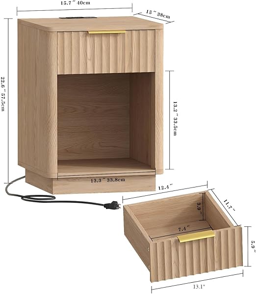 Photo 1 of Fluted Nightstands Wooden Night Stand with Charging Station and LED Light, Modern Mid Century End Table with Drawer, 15" D x 15.7" W x 22.6" H, for Bedroom, Natural Oak
