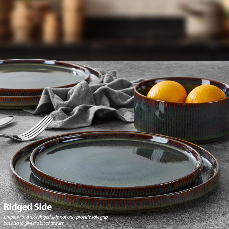 Photo 1 of LIANYU Dinnerware Sets 12Piece Plates for 4, Ribbed Stoneware Dishes Set for Kitchen Dining, Microwave and Dishwasher Safe, Jungle Green
