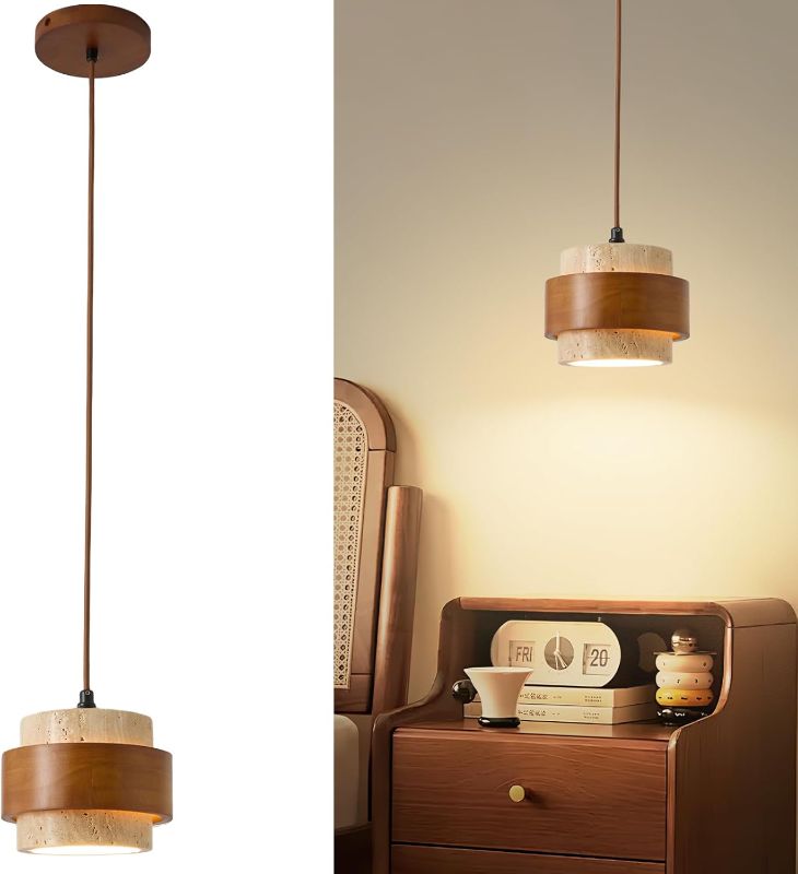 Photo 1 of Natural Stone Pendant Light, Wabi Sabi Travertine & Wood Hanging Lamp for Kitchen Island, Hallway, Bedroom, Dining Room Ceiling Decor (Stone Ring, 2pcs)
