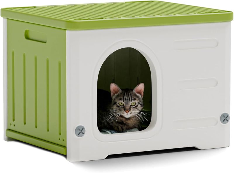 Photo 1 of Outdoor Cat House Weatherproof&Insulated,Plastic Waterproof Elevated Cat Shelter Stackable Pet House Cat Wave for Outdoor Indoor Use with Bed Cushion?Green?
