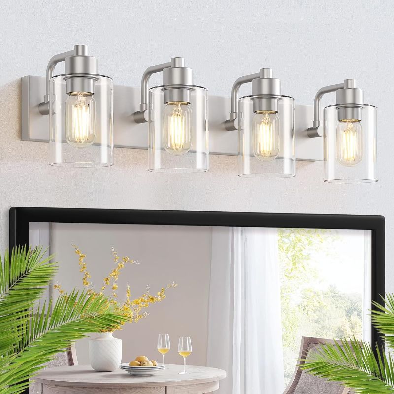 Photo 1 of Brushed Nickel Bathroom Light Fixtures, Wall Mounted 4-Light Bathroom Lights Over Mirror with Clear Glass Shade,Wall Sconces for Kitchen Living Room Bedroom