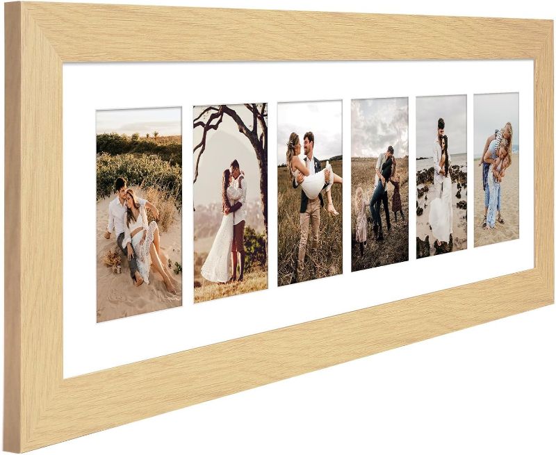 Photo 1 of 8x26 Picture Frame Display 6 opening 4X6 Picture Frame Collage,Multi Photo Frame with Mat,Plexiglass,Wall or Tabletop Decor,Natural Wood Grain
